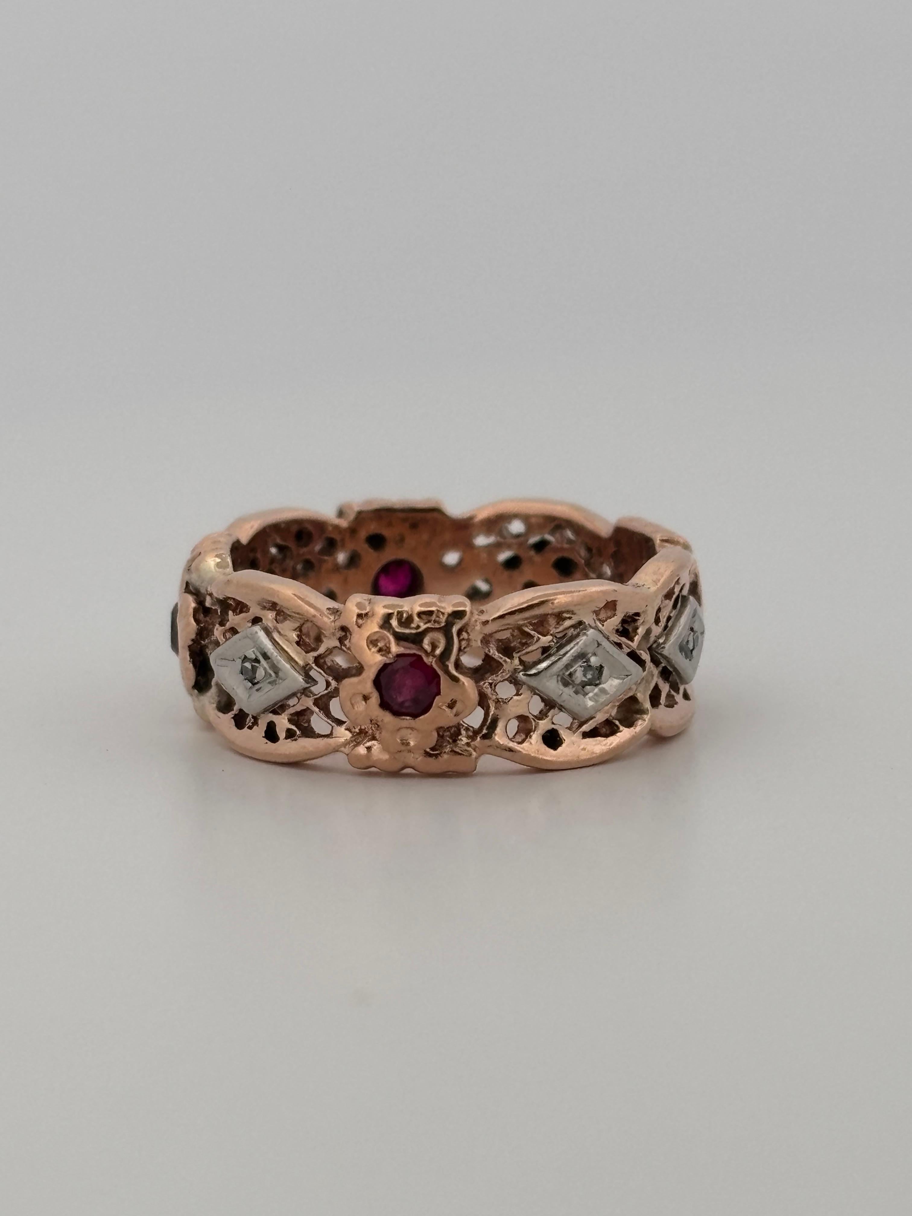 Rétro Anello nuziale con diamante e rubino retrò in oro rosa 14K in vendita
