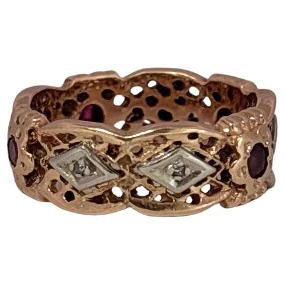 Rétro Anneau de mariage en or rose 14K Vintage Retro avec diamant et rubis en vente