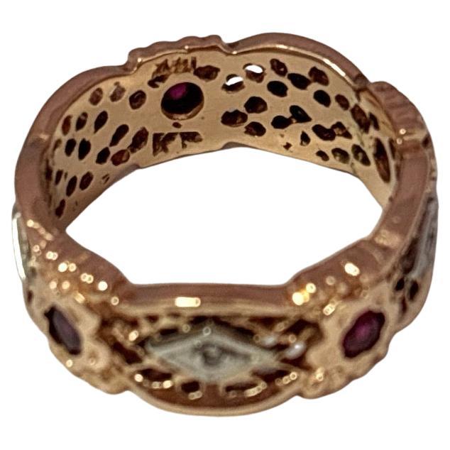 Taille ronde Anneau de mariage en or rose 14K Vintage Retro avec diamant et rubis en vente
