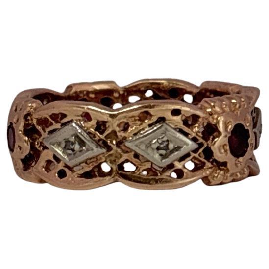 Anneau de mariage en or rose 14K Vintage Retro avec diamant et rubis Bon état - En vente à Sewickley, PA