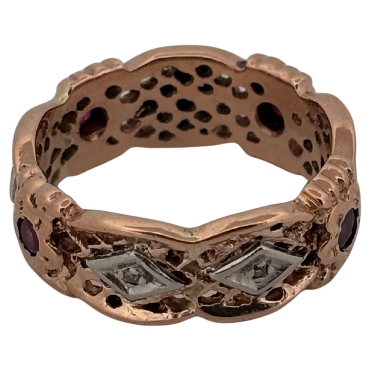 Anello nuziale con diamante e rubino retrò in oro rosa 14K In condizioni buone in vendita a Sewickley, PA