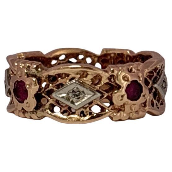 Anneau de mariage en or rose 14K Vintage Retro avec diamant et rubis Pour femmes en vente