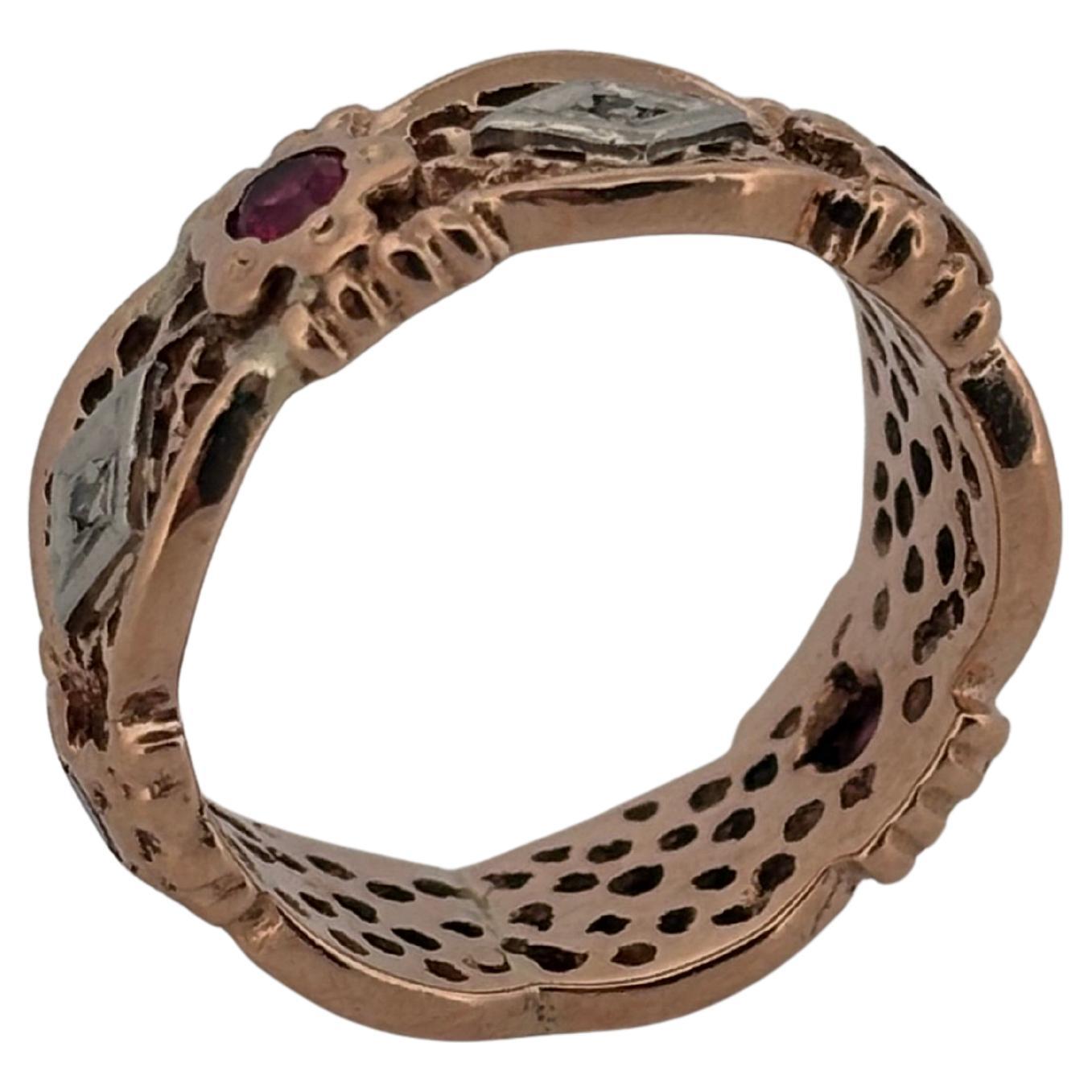 Donna Anello nuziale con diamante e rubino retrò in oro rosa 14K in vendita