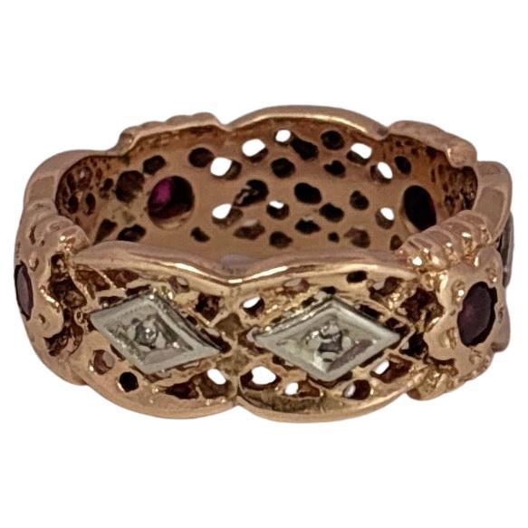 Anneau de mariage en or rose 14K Vintage Retro avec diamant et rubis en vente 1