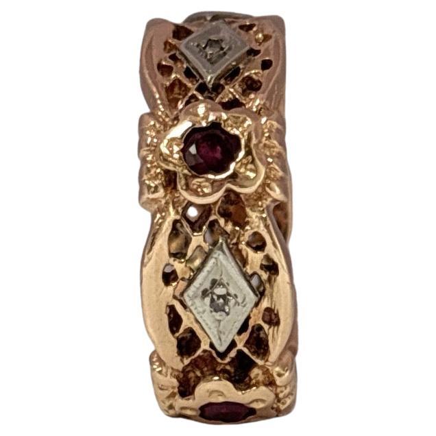 Anneau de mariage en or rose 14K Vintage Retro avec diamant et rubis en vente 2