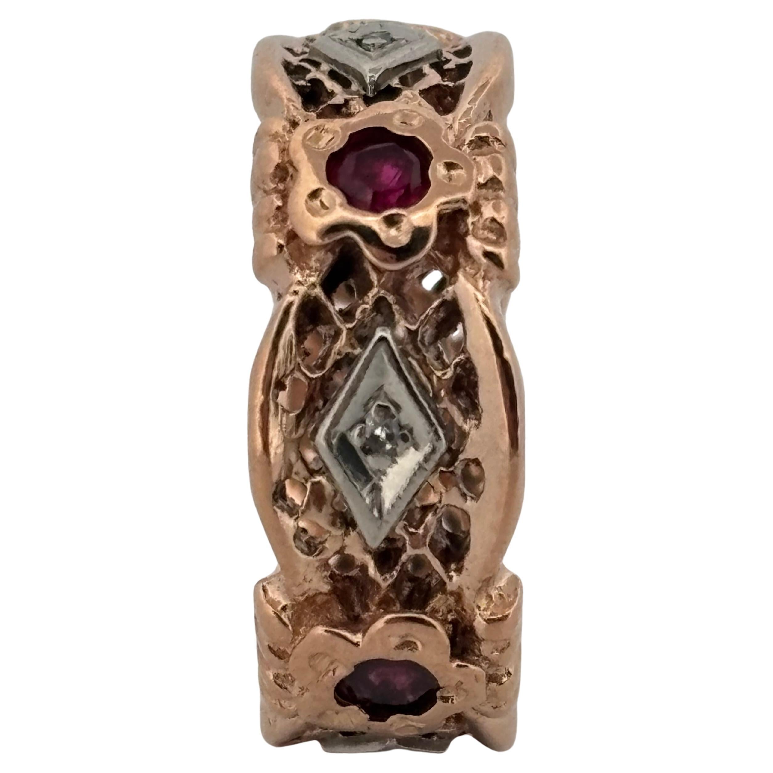 Anello nuziale con diamante e rubino retrò in oro rosa 14K in vendita 2