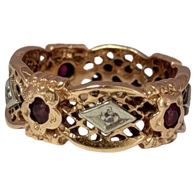 Anneau de mariage en or rose 14K Vintage Retro avec diamant et rubis en vente 3