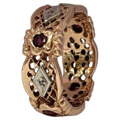 14K Rose Gold Vintage Retro Diamond & Ruby Wedding Band Ring