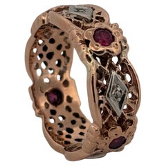 14K Rose Gold Vintage Retro Diamant & Rubin Hochzeit Band Ring