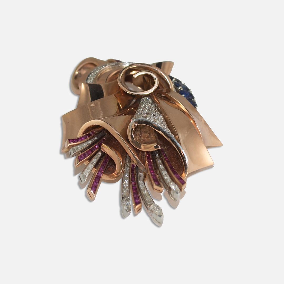 14K Rose Gold Vintage Ruby, Sapphire, and Diamond Brooch 78.5g In Excellent Condition For Sale In Laguna Beach, CA