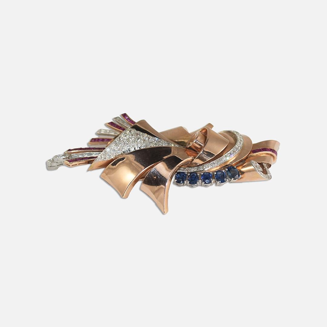 Women's or Men's 14K Rose Gold Vintage Ruby, Sapphire, and Diamond Brooch 78.5g For Sale