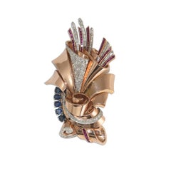 14K Rose Gold Vintage Ruby, Sapphire, and Diamond Brooch 78.5g