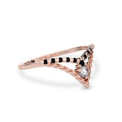 14k Rose Gold Weave Chevron Wedding Band, Rose Cut Diamond & Black Diamond
