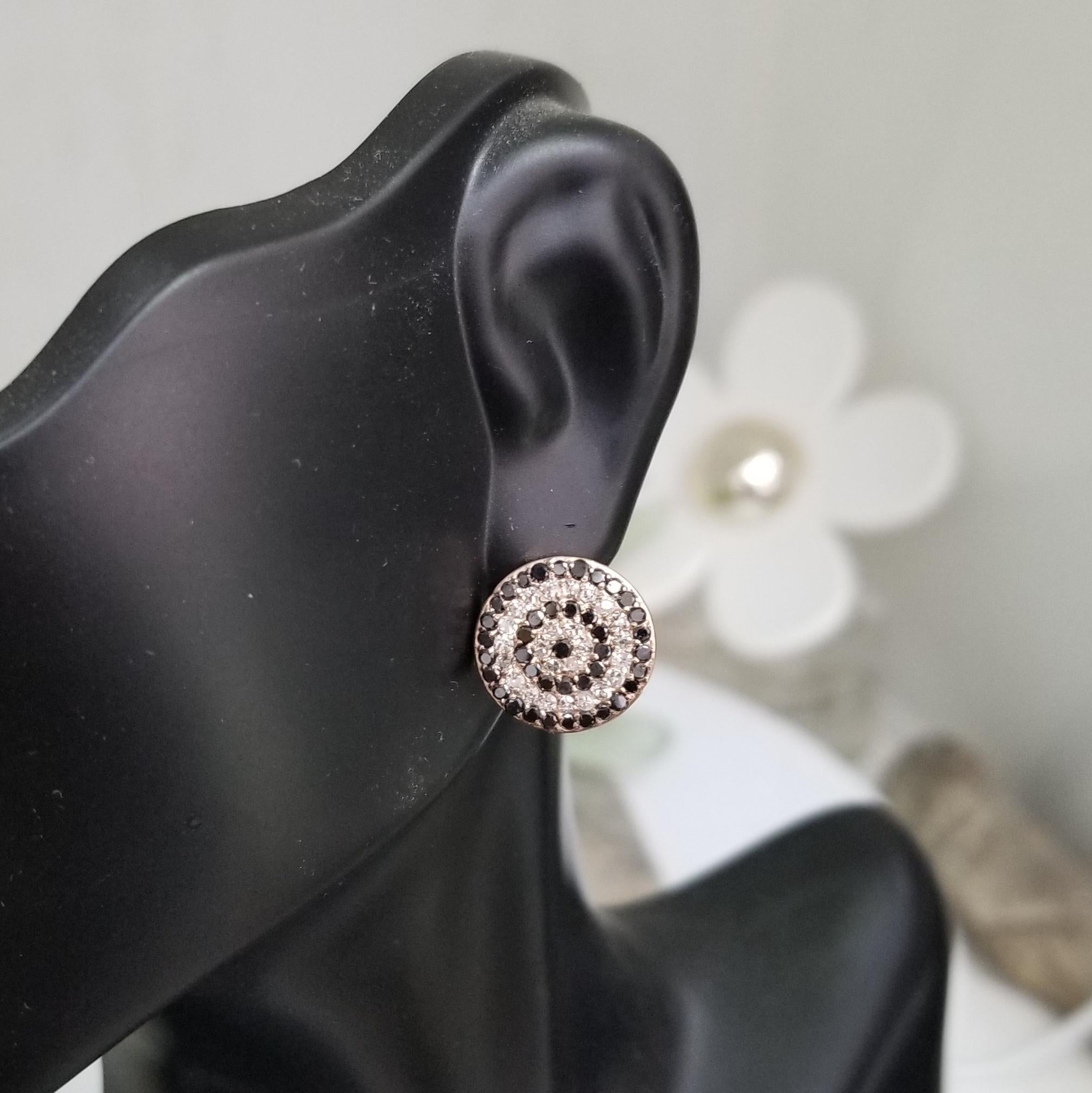 Contemporary 14k Rose Gold White and Black Diamond Swirl Earrings For Sale