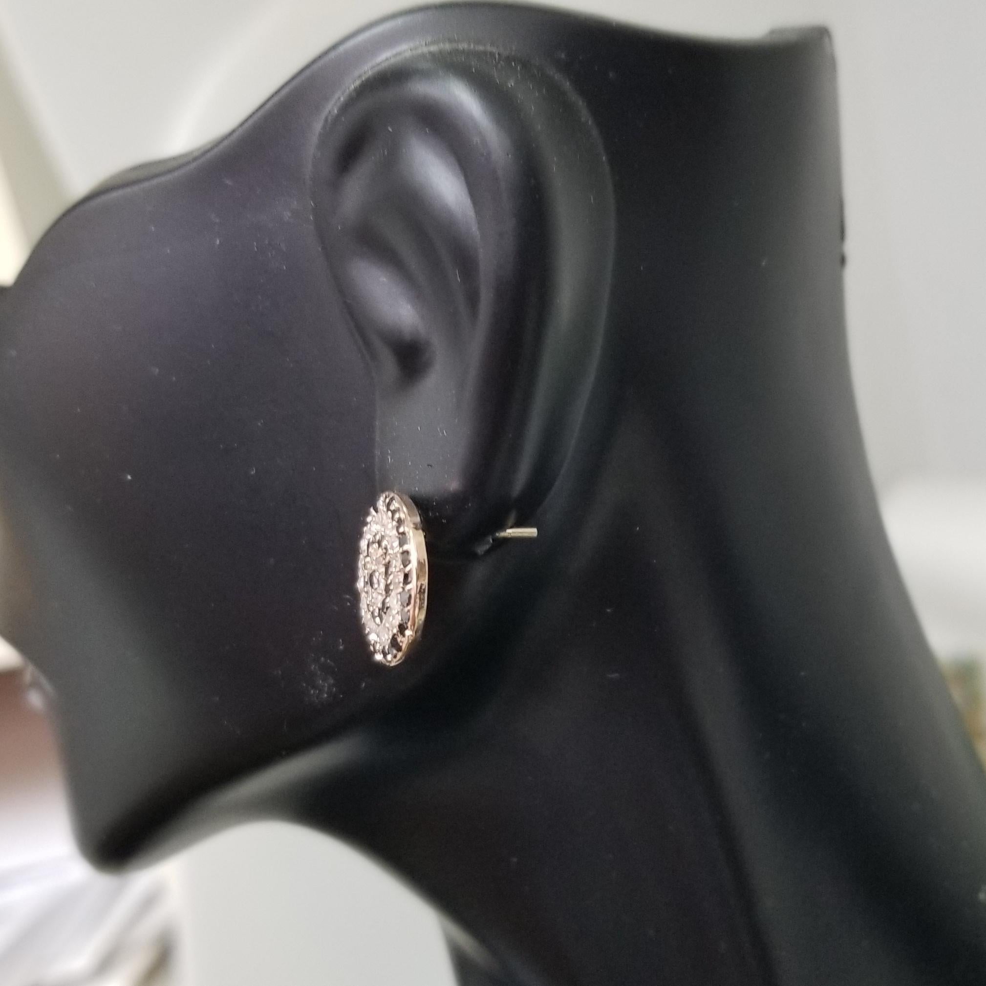 Round Cut 14k Rose Gold White and Black Diamond Swirl Earrings For Sale