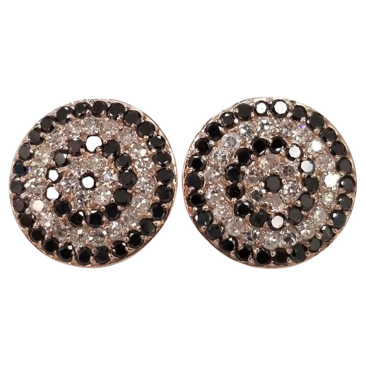 14k Rose Gold White and Black Diamond Swirl Earrings For Sale