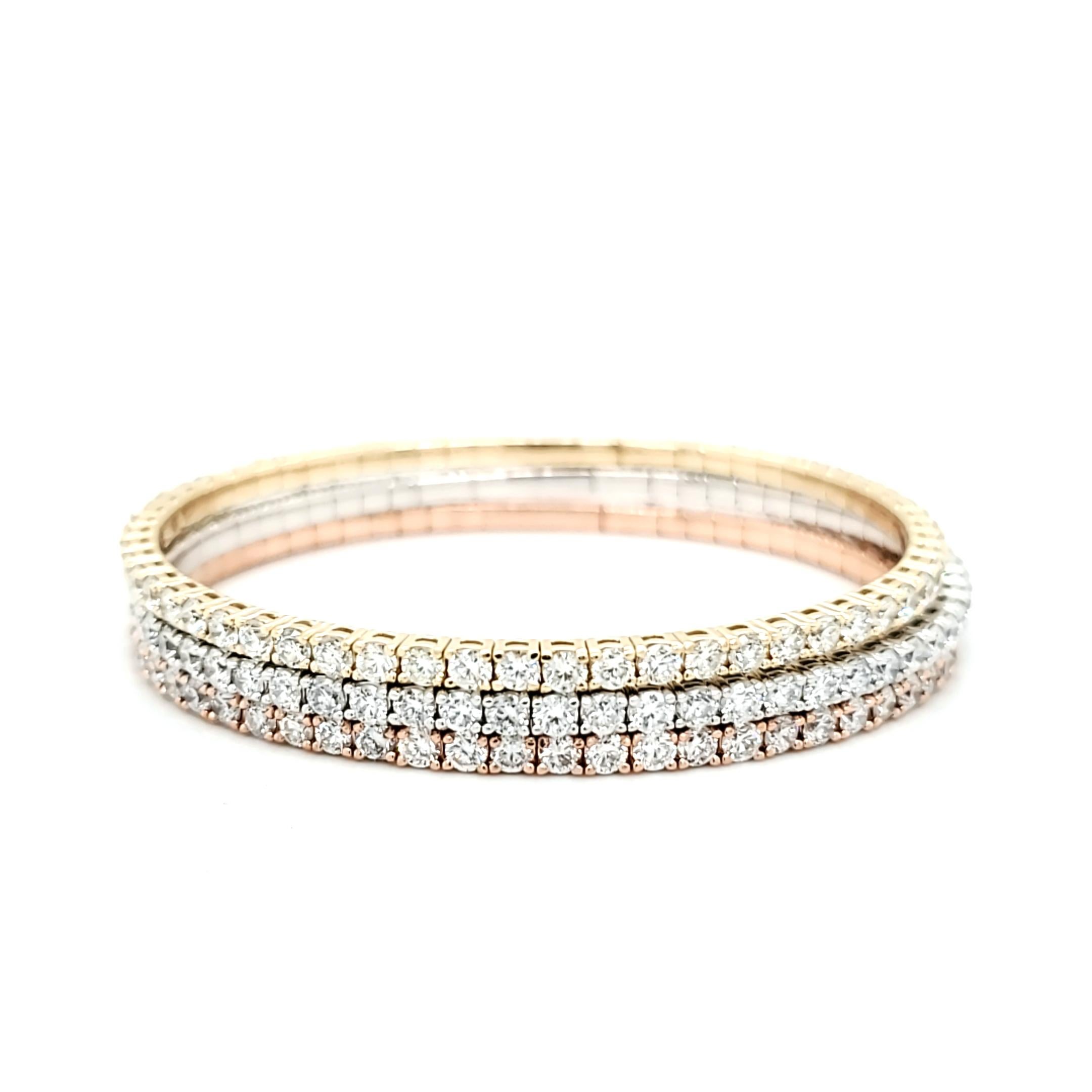 14K Gold Diamond Bangles. Available in Rose Gold, Yellow Gold and White Gold. Each bangle set with 4.50 carats of fine white round diamonds. Each Bracelet has some flex movement once opened for easy on and off the wrist. Ee use 14K gold wiring