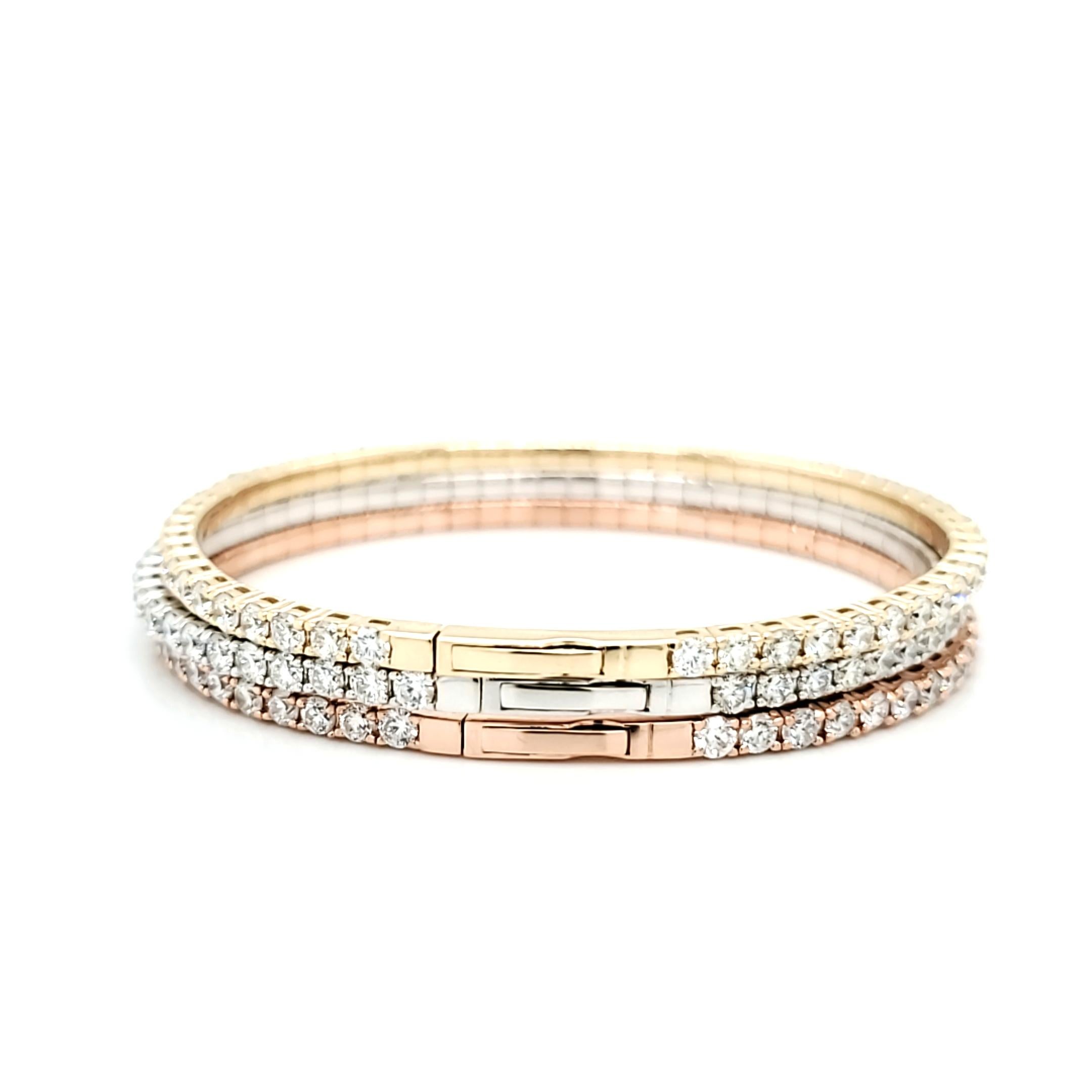 Round Cut 14 Karat Rose Gold, White Gold and Yellow Gold Diamond Bangles Bracelets For Sale