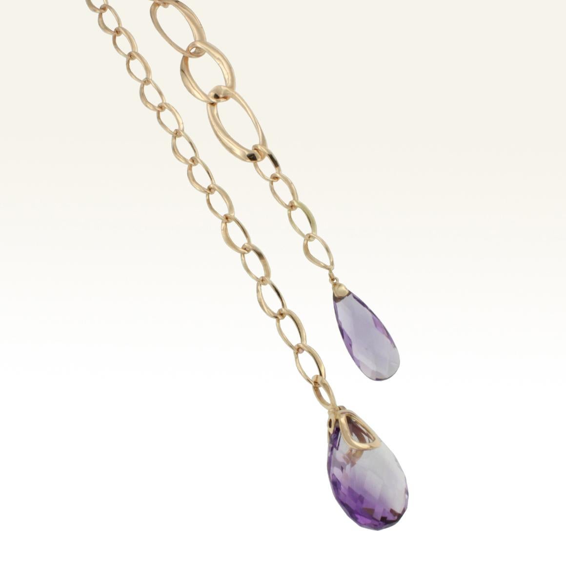 Mixed Cut 14 Karat Rose Gold with Amethyst Long Necklace For Sale