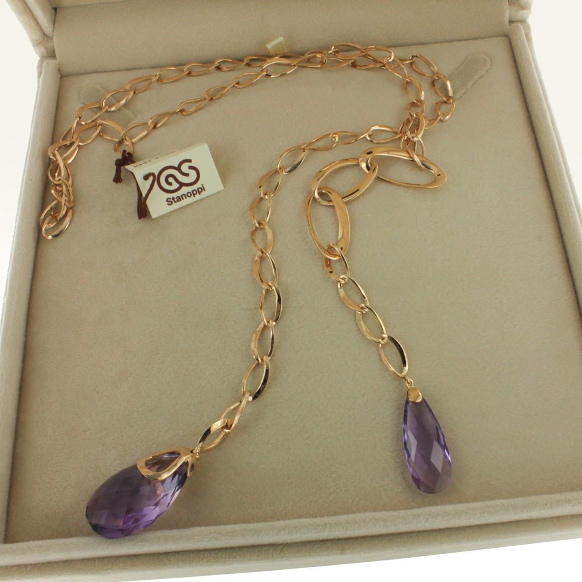 14 Karat Rose Gold with Amethyst Long Necklace In New Condition For Sale In GALLARATE, IT