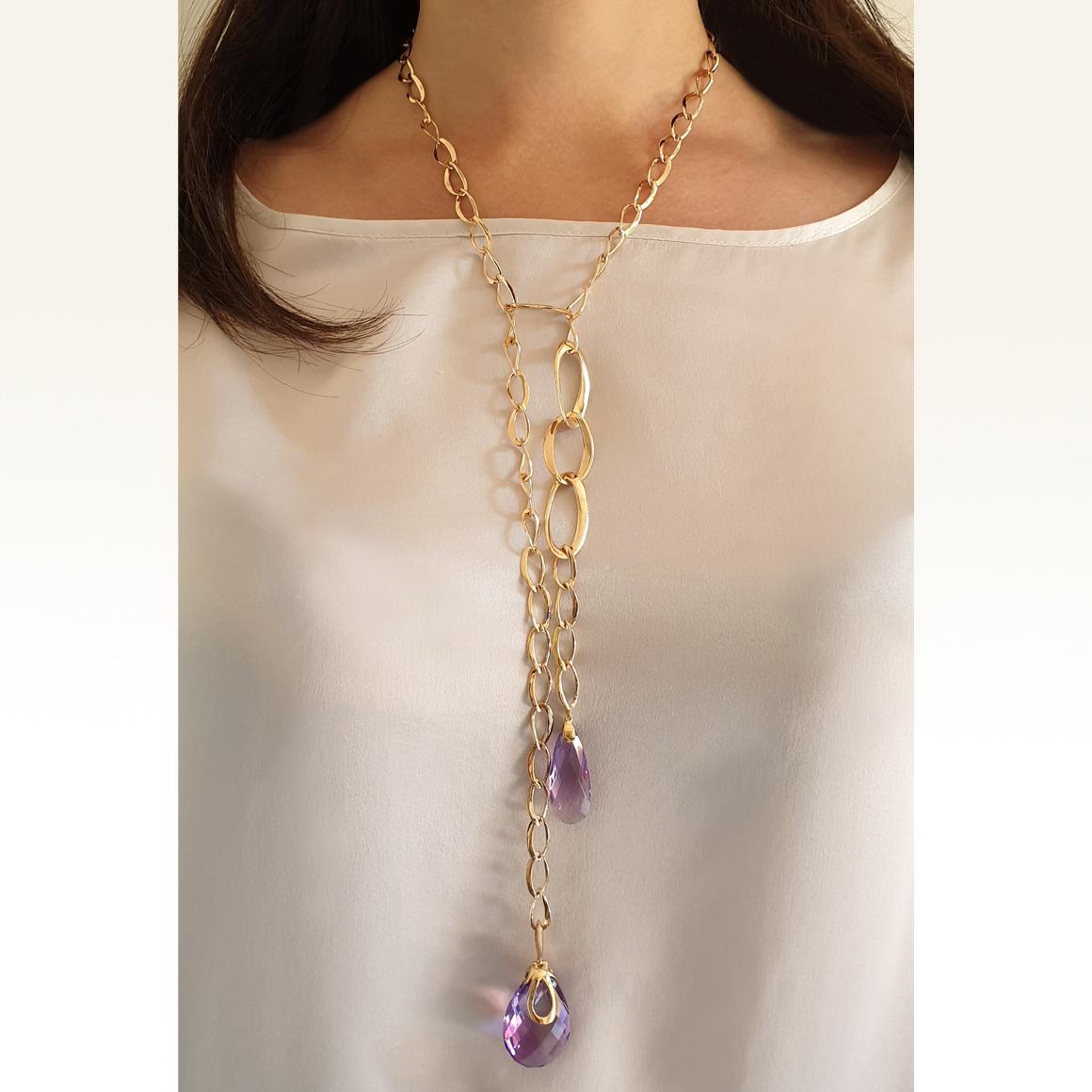 Long Necklace in 14k rose gold with two drops of Amethyst (big size: 20x32 mm; smaller size: 12x30 mm)   cm 80  g.46,00
New product ! This elegant and fashion neckalce is perfect of woman who does not neglect the details. Made in Italy by Stanoppi