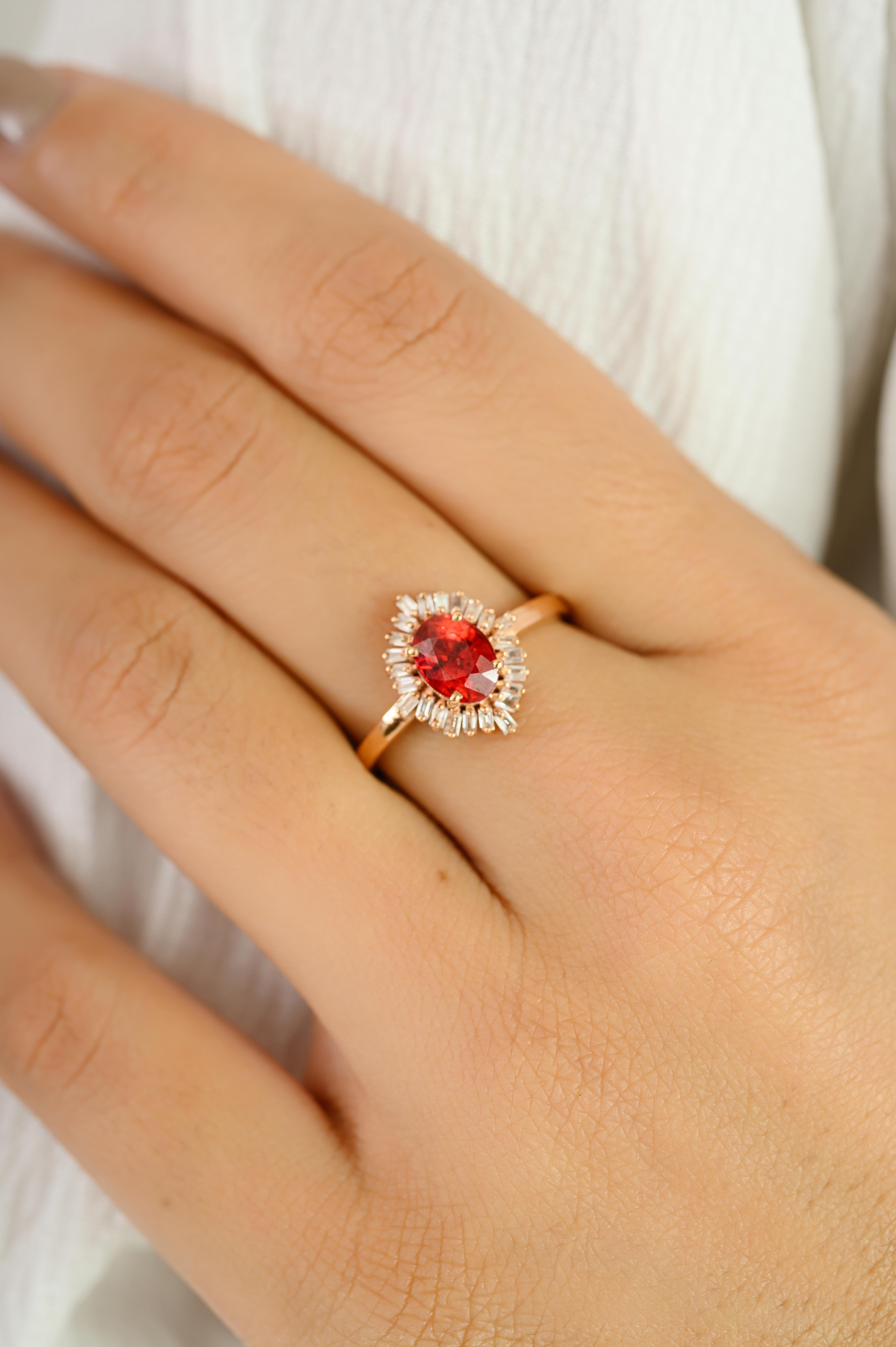 in vendita:  Anello da cocktail in oro rosa 14k con zaffiro ovale arancione e diamanti baguette a raggiera 10