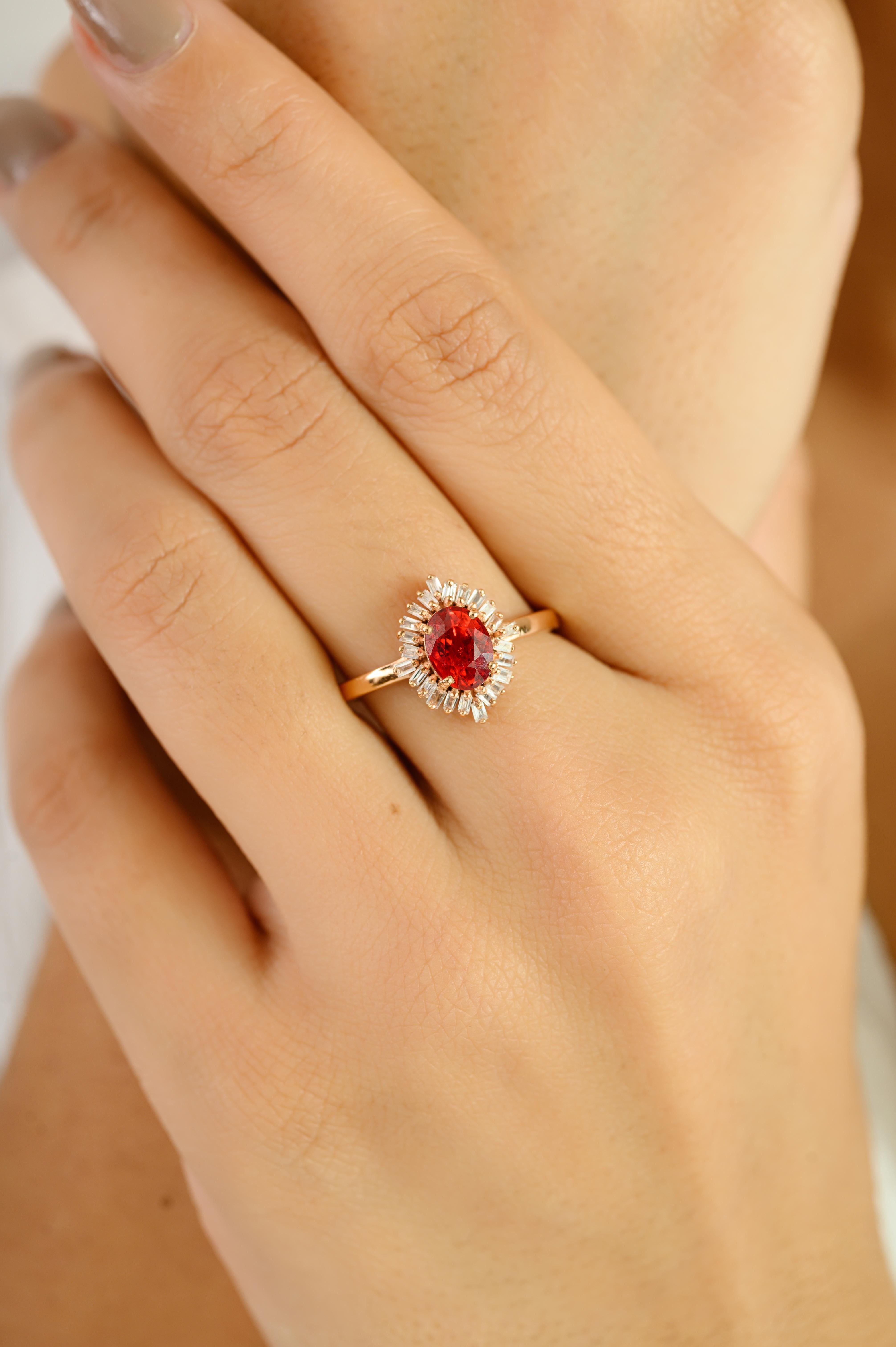 in vendita:  Anello da cocktail in oro rosa 14k con zaffiro ovale arancione e diamanti baguette a raggiera 2