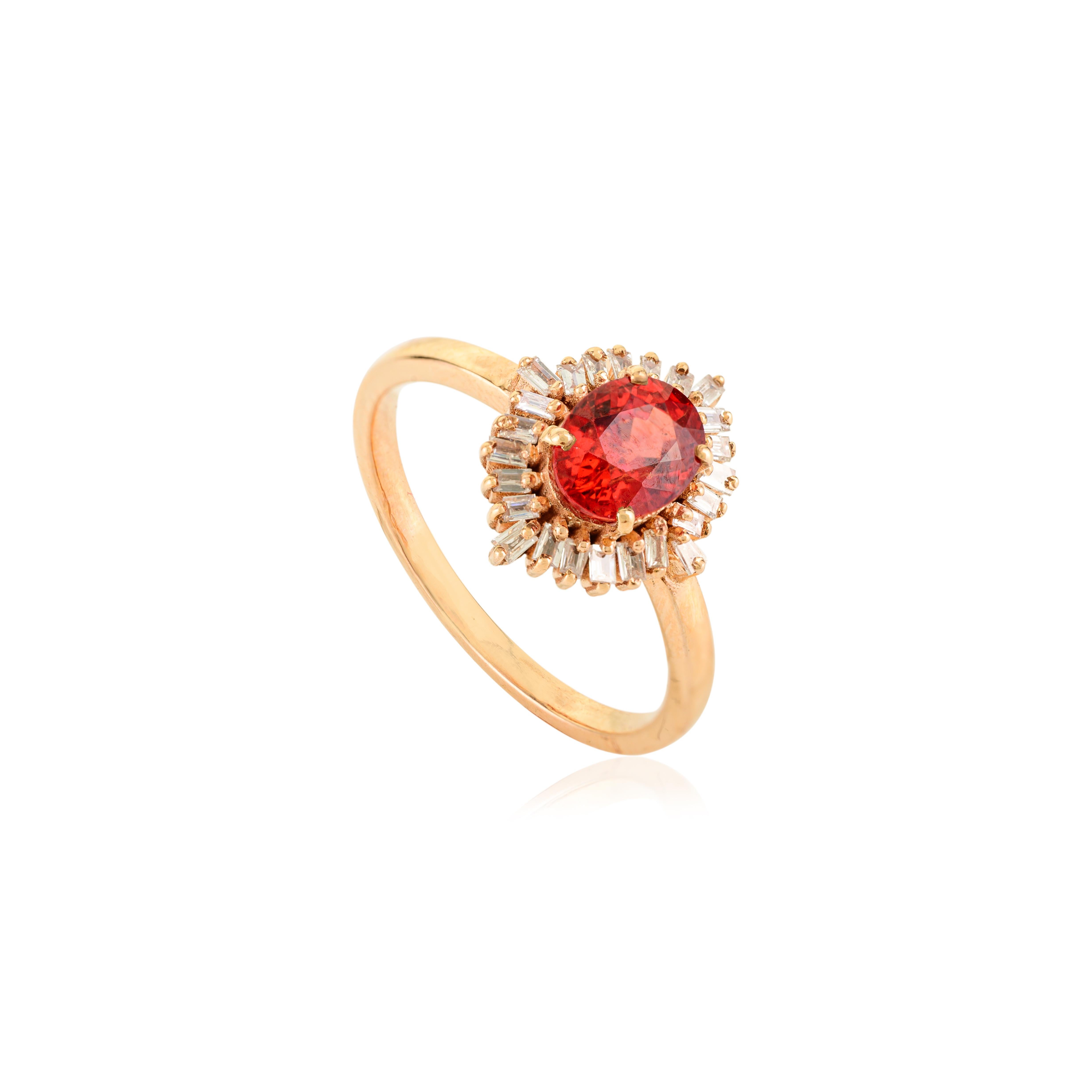 in vendita:  Anello da cocktail in oro rosa 14k con zaffiro ovale arancione e diamanti baguette a raggiera 3