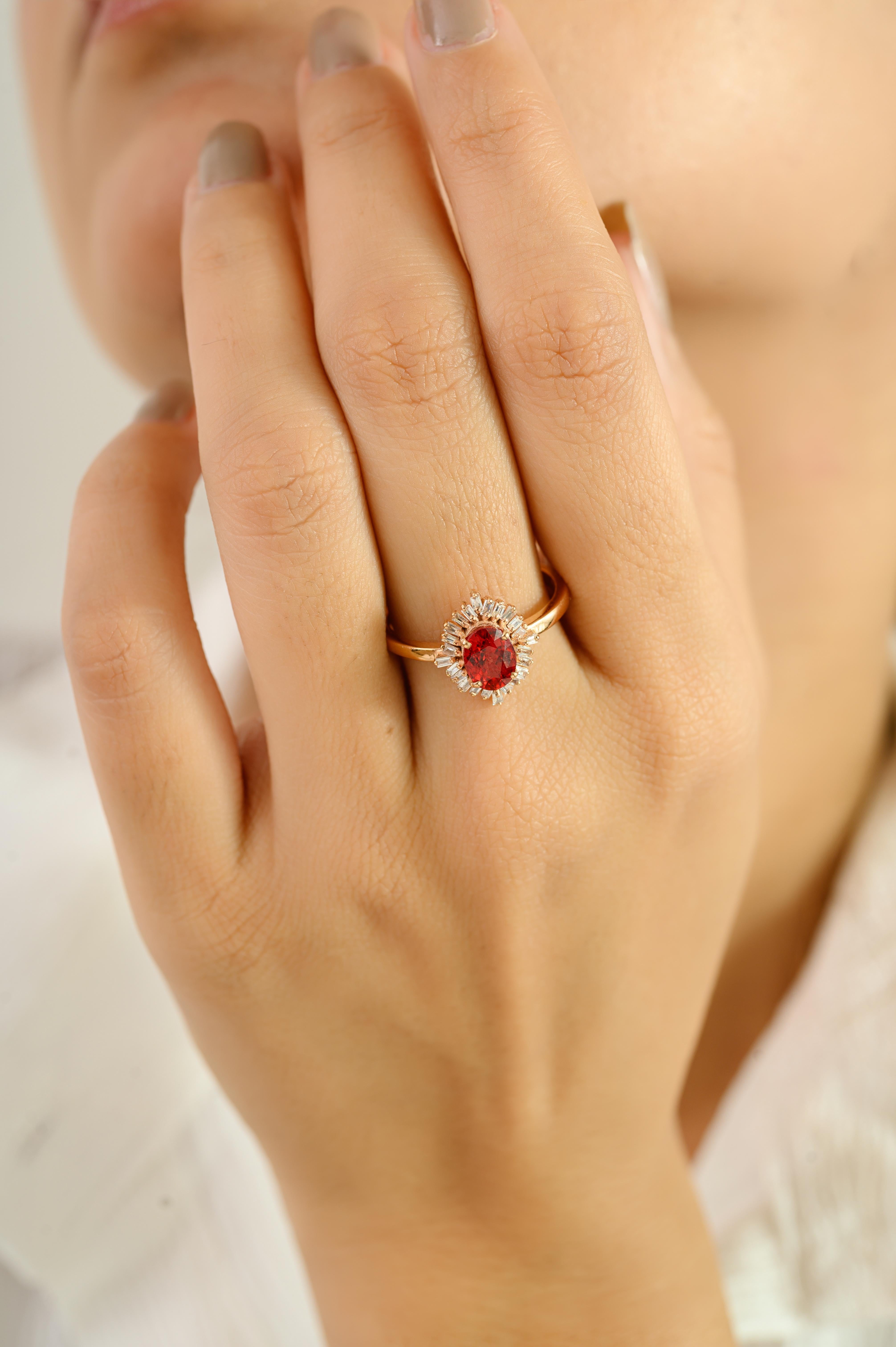 in vendita:  Anello da cocktail in oro rosa 14k con zaffiro ovale arancione e diamanti baguette a raggiera 4