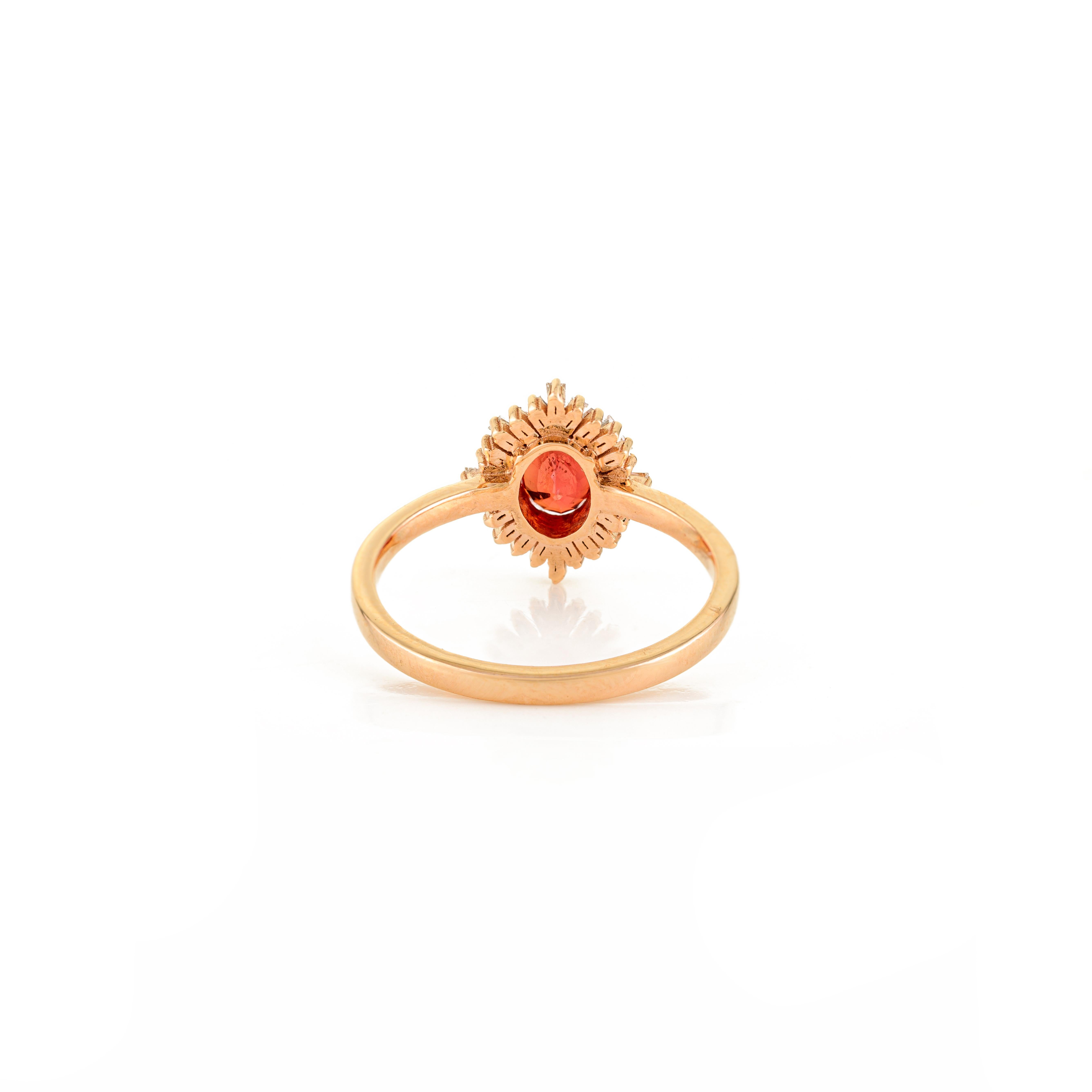 in vendita:  Anello da cocktail in oro rosa 14k con zaffiro ovale arancione e diamanti baguette a raggiera 5
