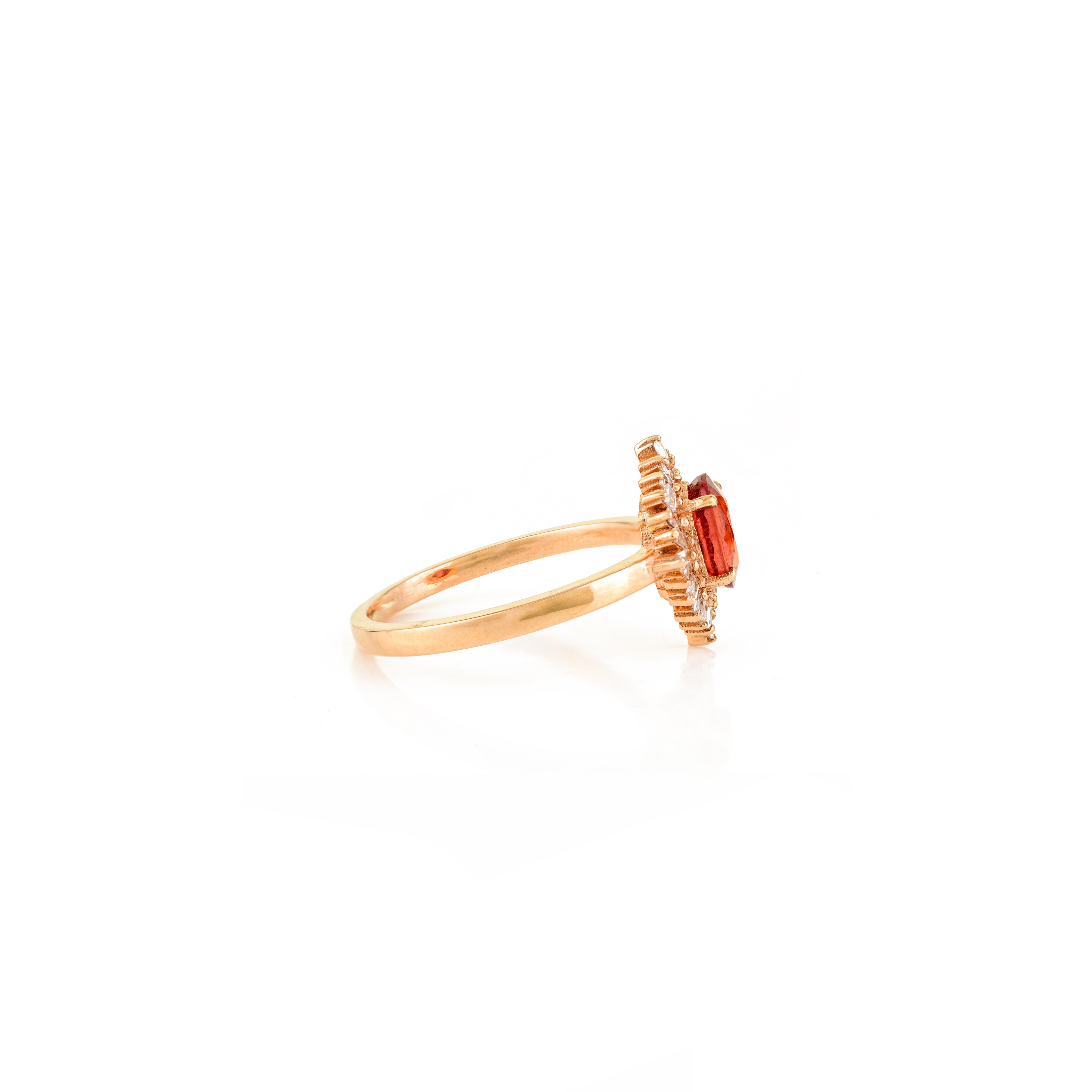 in vendita:  Anello da cocktail in oro rosa 14k con zaffiro ovale arancione e diamanti baguette a raggiera 7