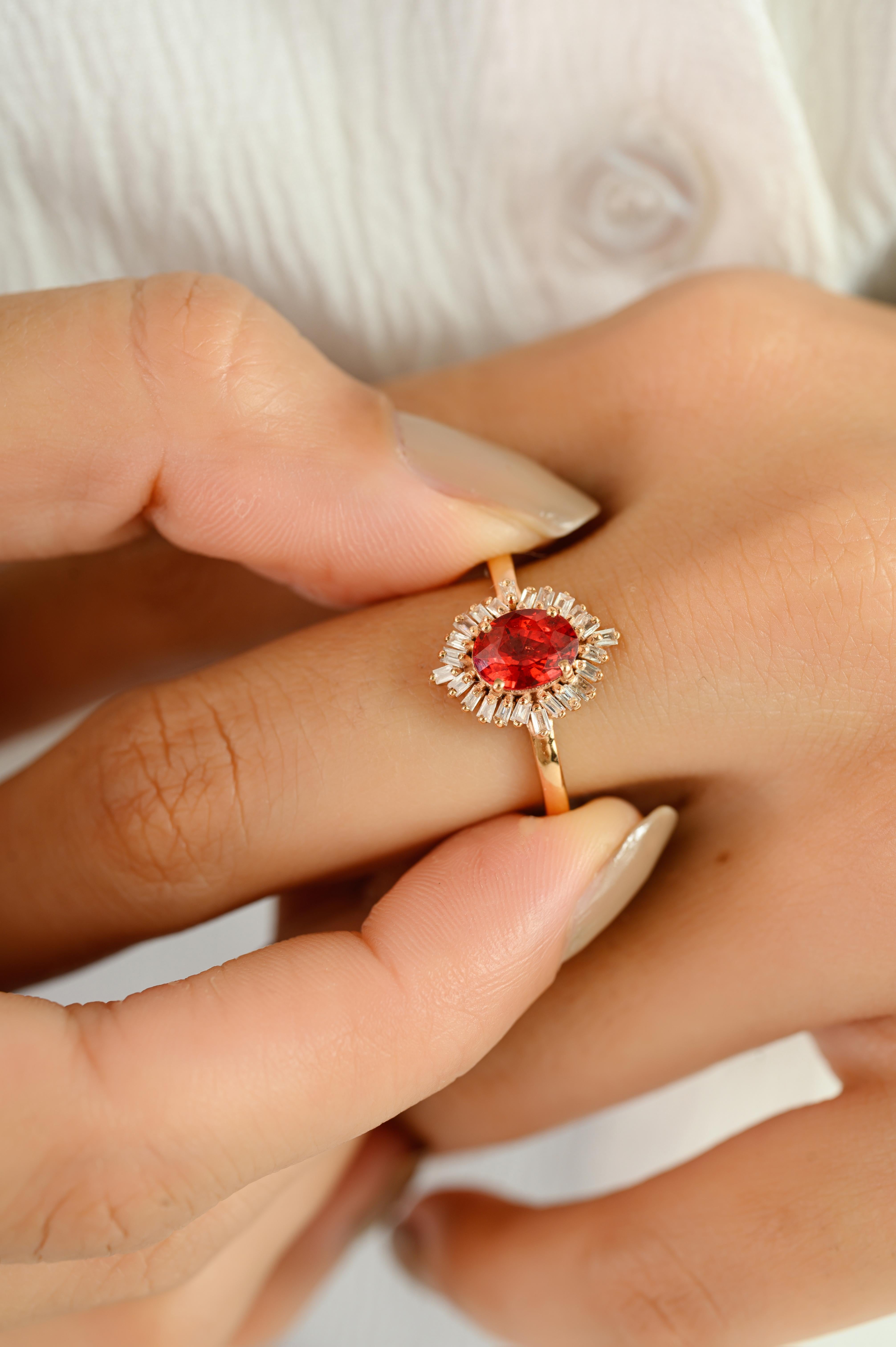 in vendita:  Anello da cocktail in oro rosa 14k con zaffiro ovale arancione e diamanti baguette a raggiera 8