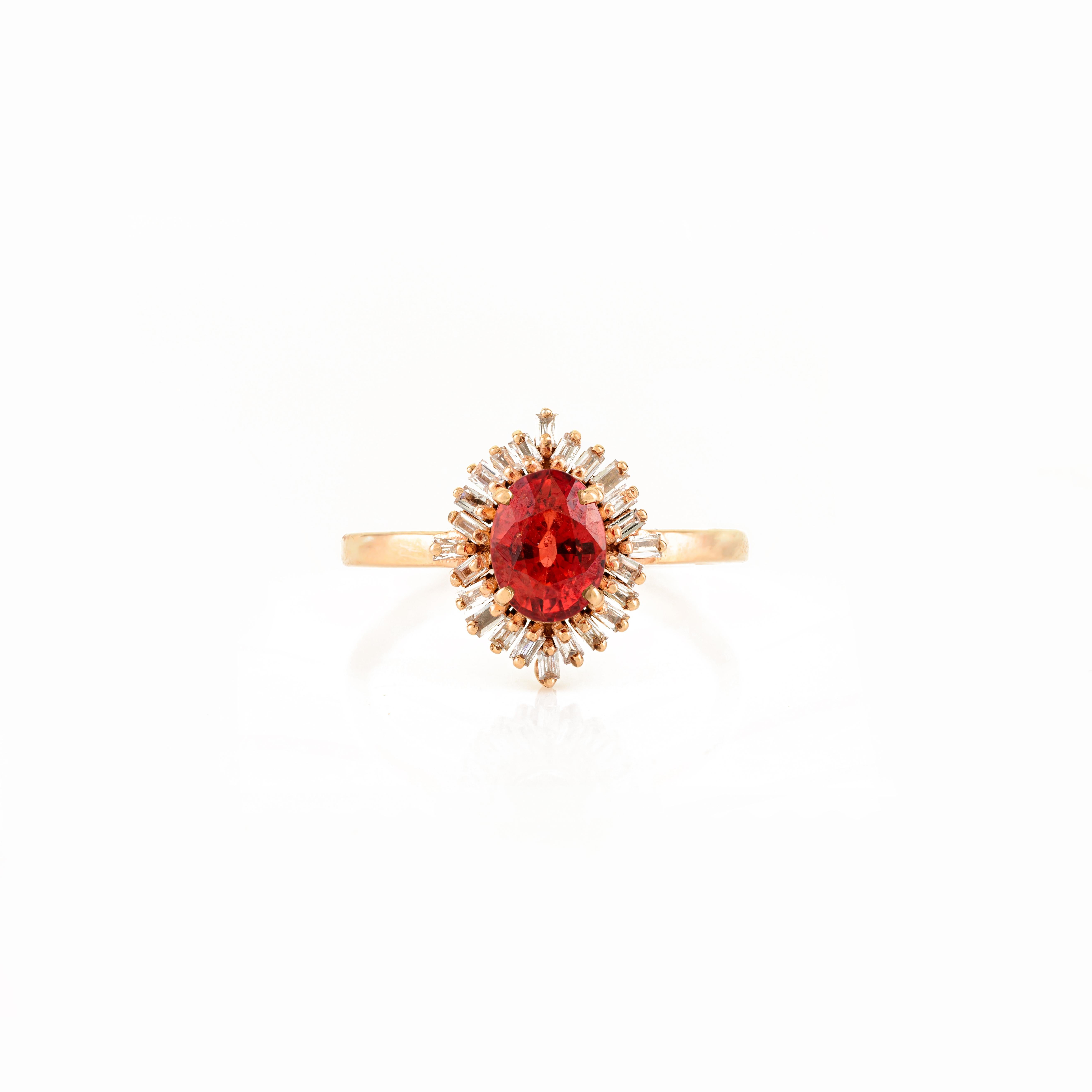 in vendita:  Anello da cocktail in oro rosa 14k con zaffiro ovale arancione e diamanti baguette a raggiera 9