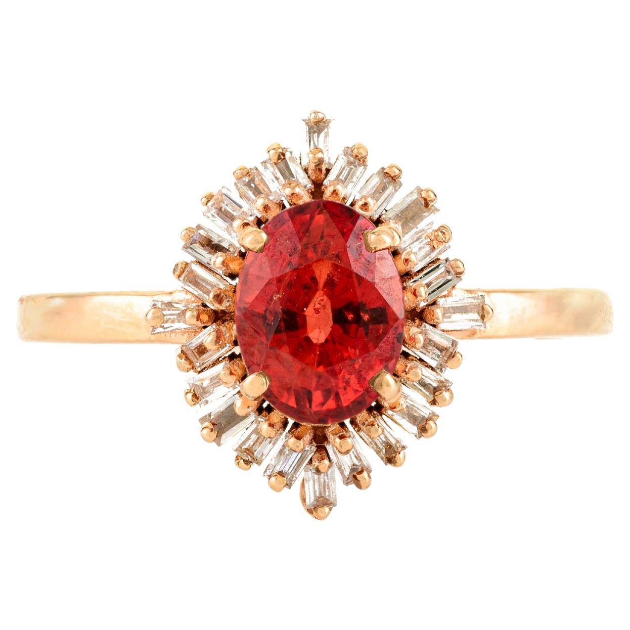 in vendita:  Anello da cocktail in oro rosa 14k con zaffiro ovale arancione e diamanti baguette a raggiera