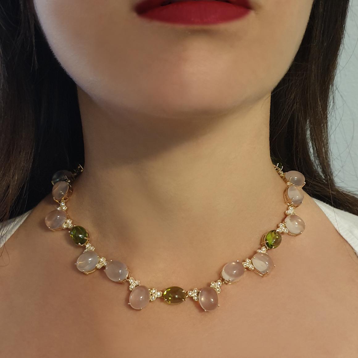 Necklace in 14k rose gold with Pink Quartz (oval cabochon cut, size:10x12 mm), Peridot cts 24.50 (oval cabochon cut, size: 9x11 mm) and Diamonds VS Color G/ H cts 0.70  cm.47   g.64,80
With this necklace we want to give you memorable emotions!