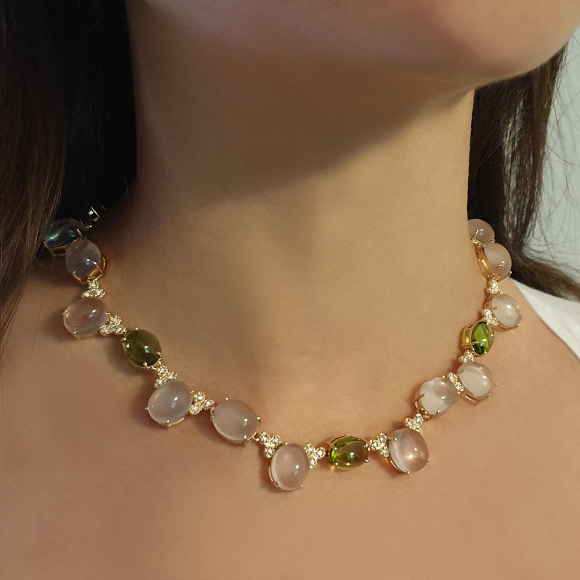 Women's or Men's 14 Karat Rose Gold with Pink Quartz Peridot and White Diamond Necklace