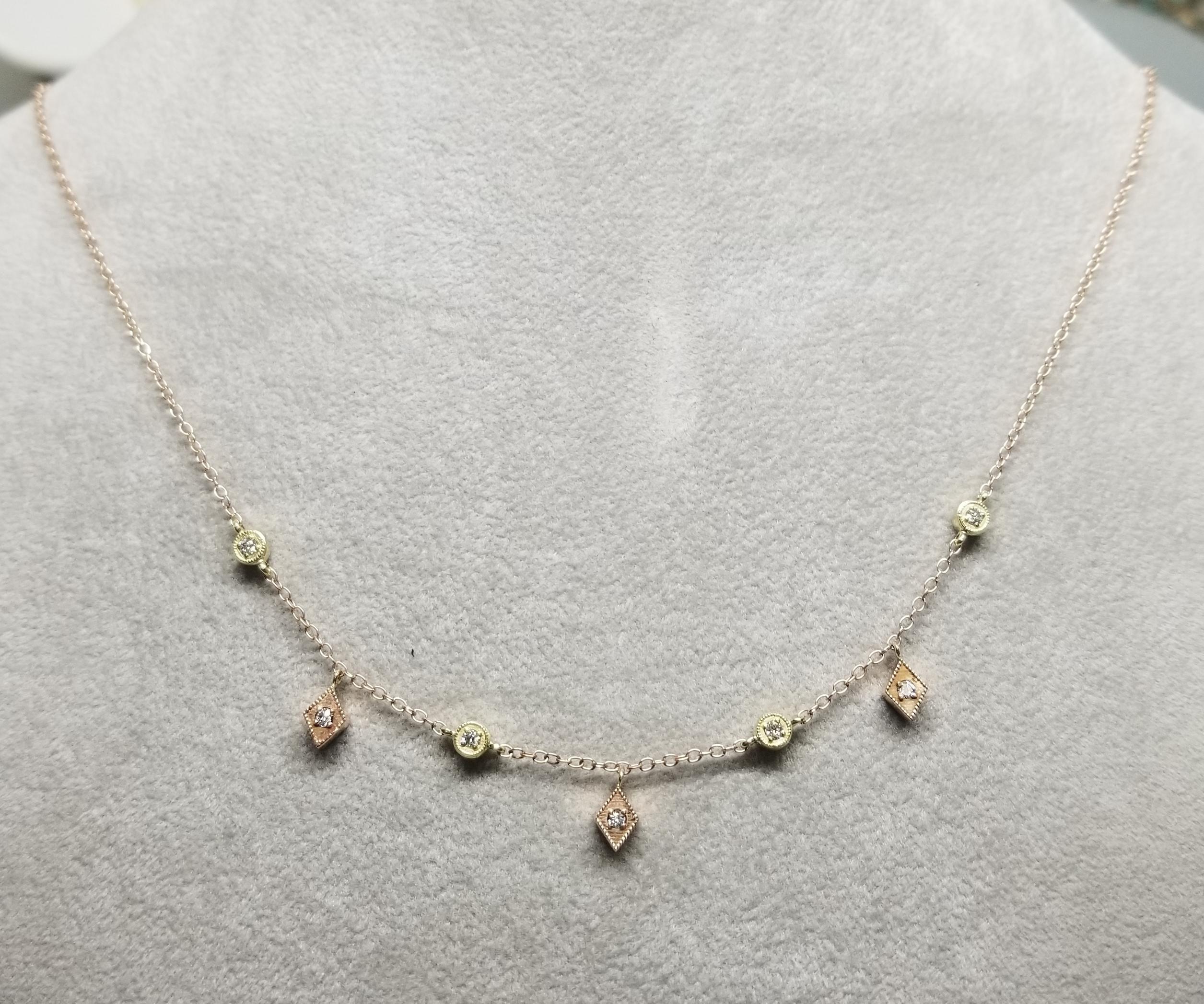 Round Cut 14k Rose N Yellow Gold Diamonds Dangling Necklace with Diamonds on Both Sides For Sale