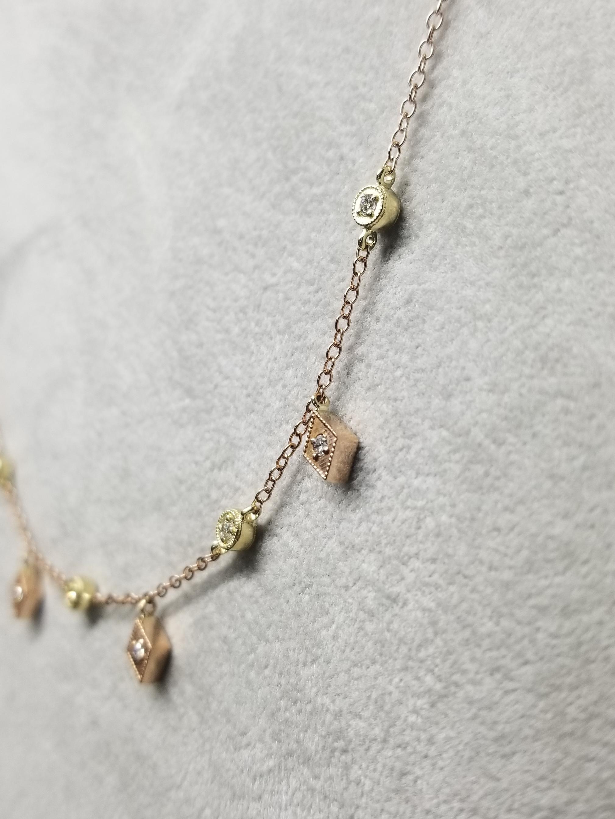 14k Rose N Yellow Gold Diamonds Dangling Necklace with Diamonds on Both Sides In New Condition For Sale In Los Angeles, CA