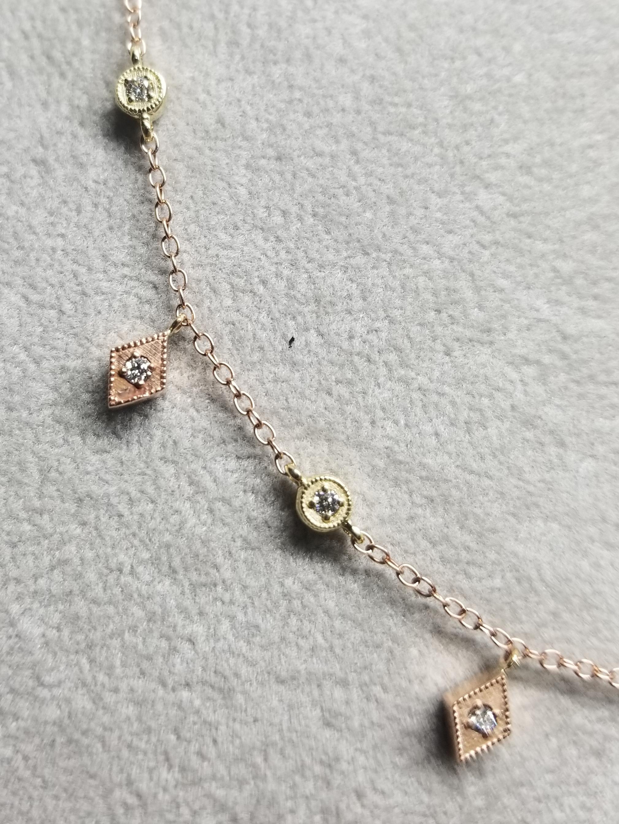 14k Rose N Yellow Gold Diamonds Dangling Necklace with Diamonds on Both Sides For Sale 1