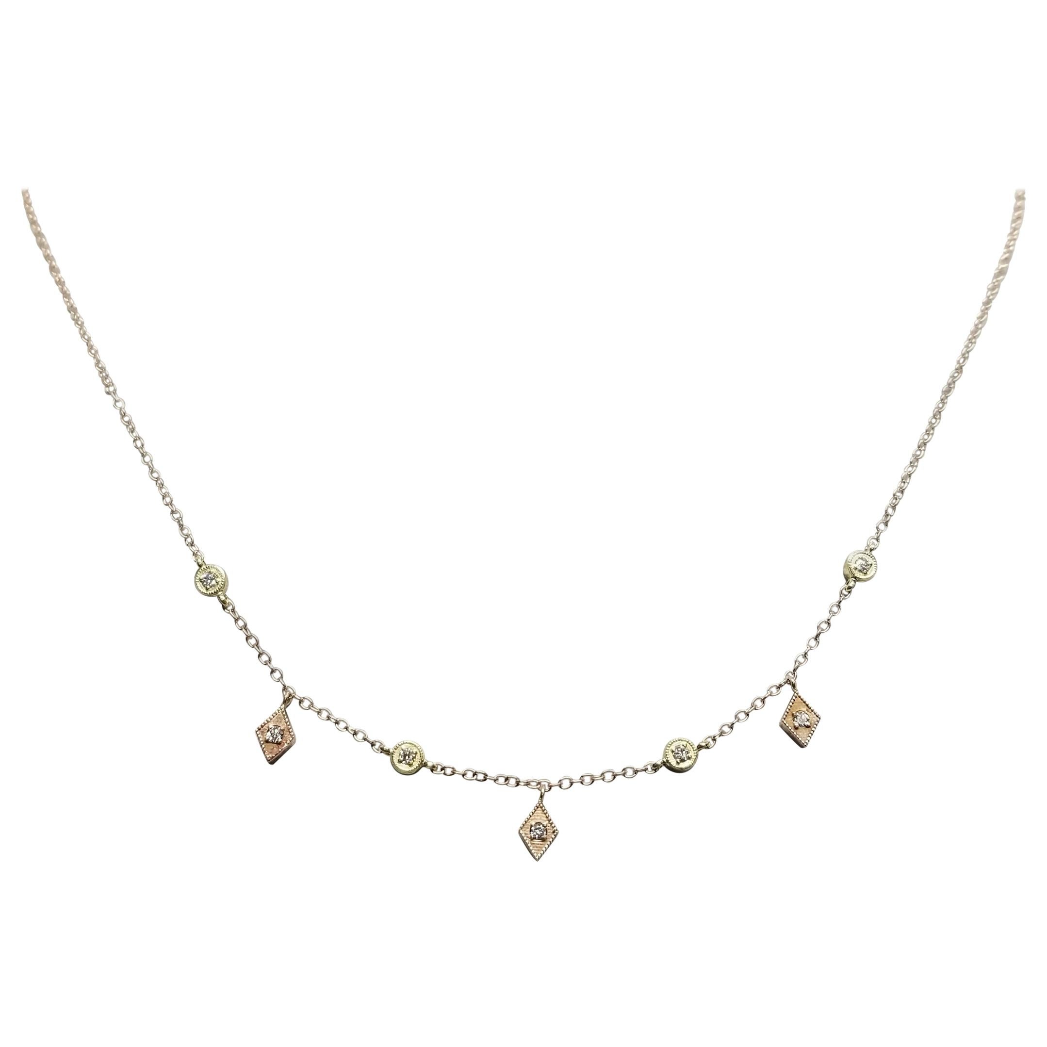 14k Rose N Yellow Gold Diamonds Dangling Necklace with Diamonds on Both Sides For Sale