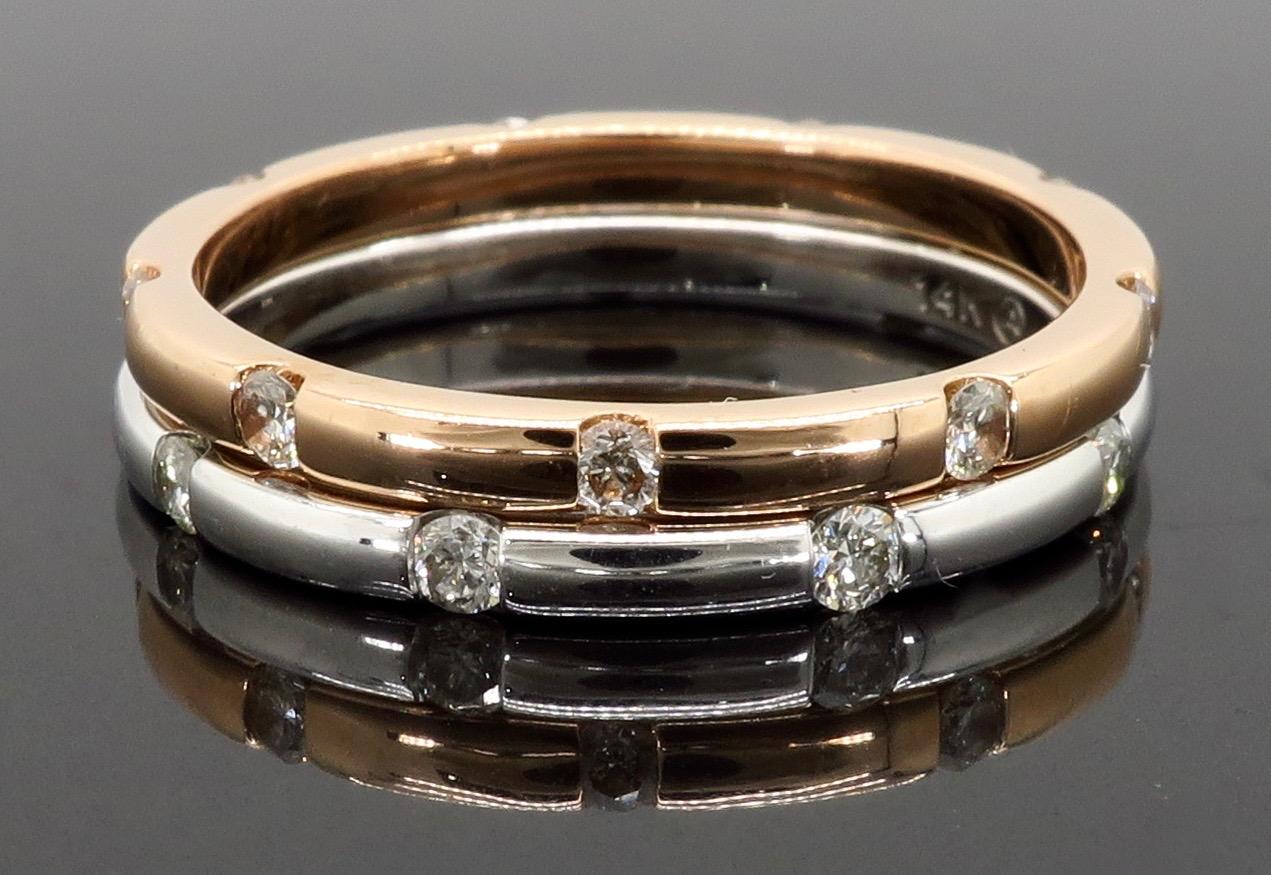 Round Cut 14 Karat Rose and White Gold Diamond Stackable Bands