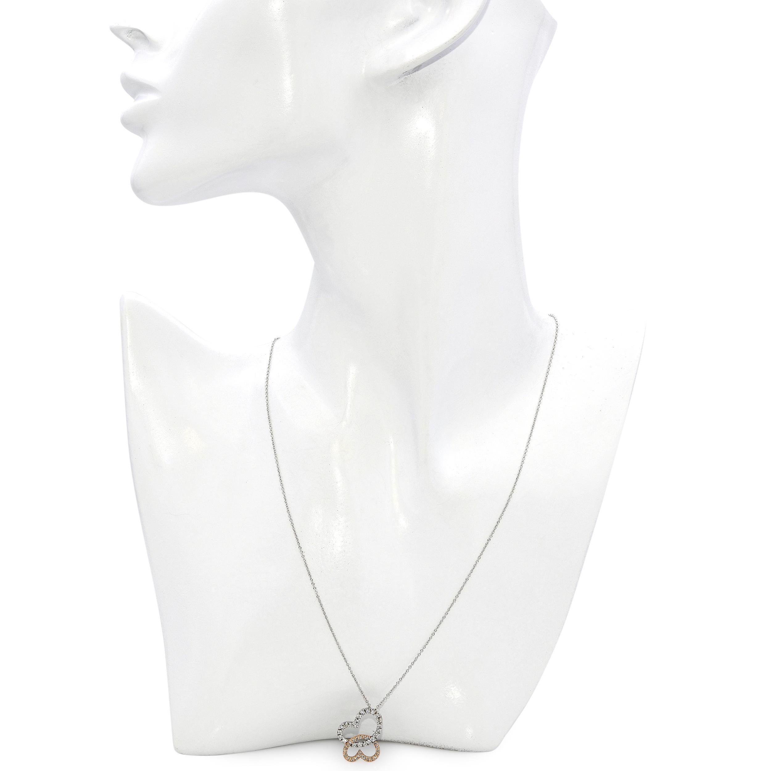 Taglio rotondo Collana con cuori di diamanti intrecciati in oro rosa e bianco 14k in vendita