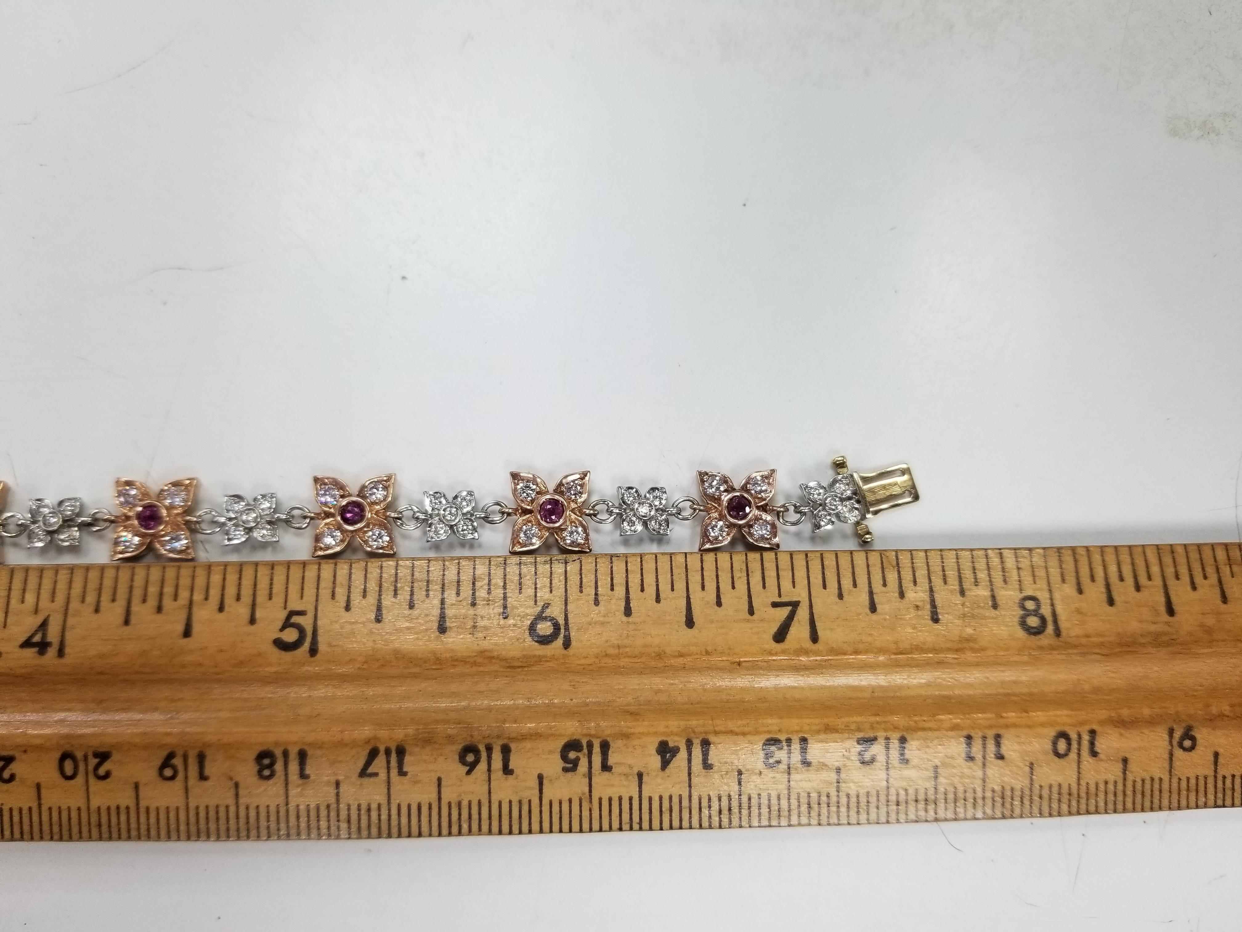 14 Karat Rose-White Gold Ruby and Diamond Floral Bracelet In New Condition For Sale In Los Angeles, CA