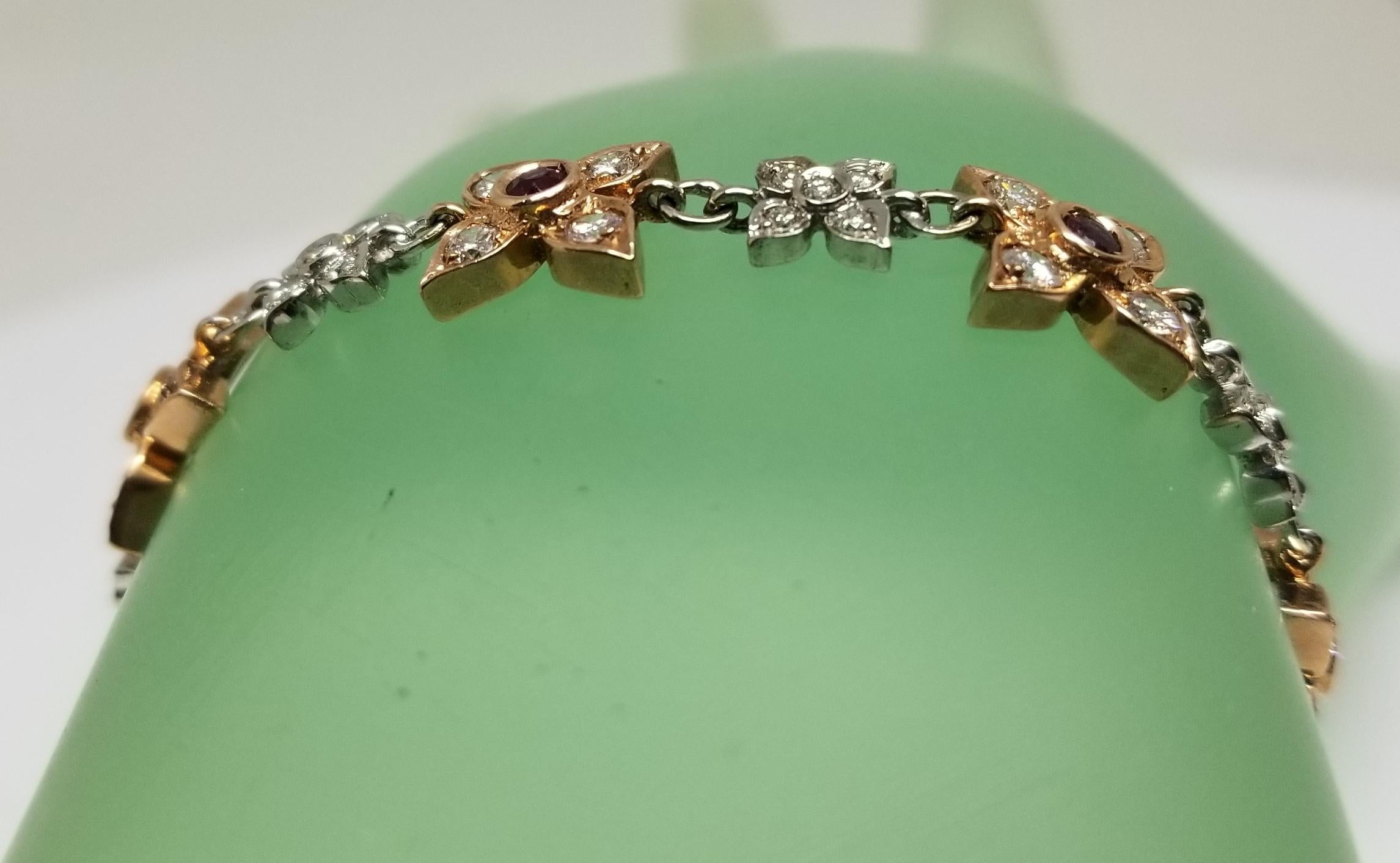 14 Karat Rose-White Gold Ruby and Diamond Floral Bracelet For Sale 2