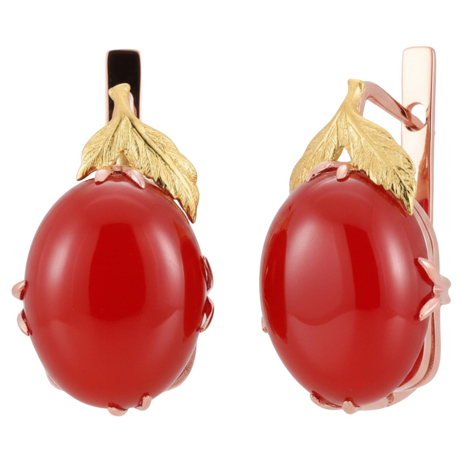 Pendientes Florales de Oro Amarillo Rosa de 14 quilates Cabujones de Cornalina Natural de 20,40 quilates en venta