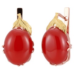 Orecchini floreali in oro giallo rosa 14K Cabochon di corniola naturale 20,40 carati