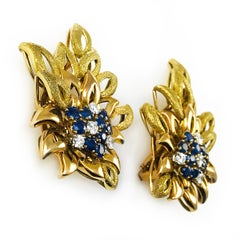 14K Rose & Yellow Gold Retro Blue Sapphire Diamond Clip-On Earrings