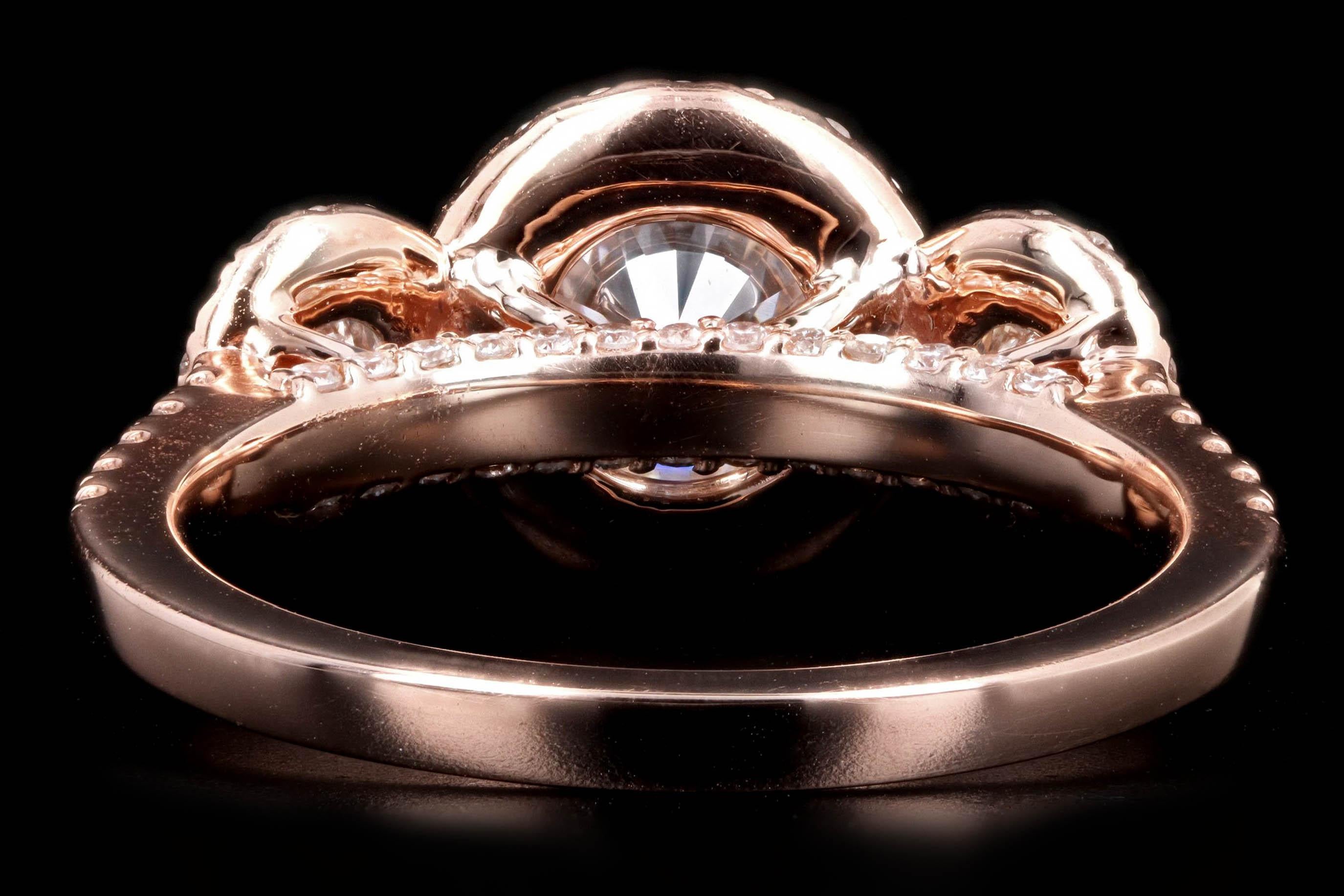 Round Cut 14K RoseGold 1.05 Carat Round Brilliant Diamond Three Stone Halo Engagement Ring For Sale