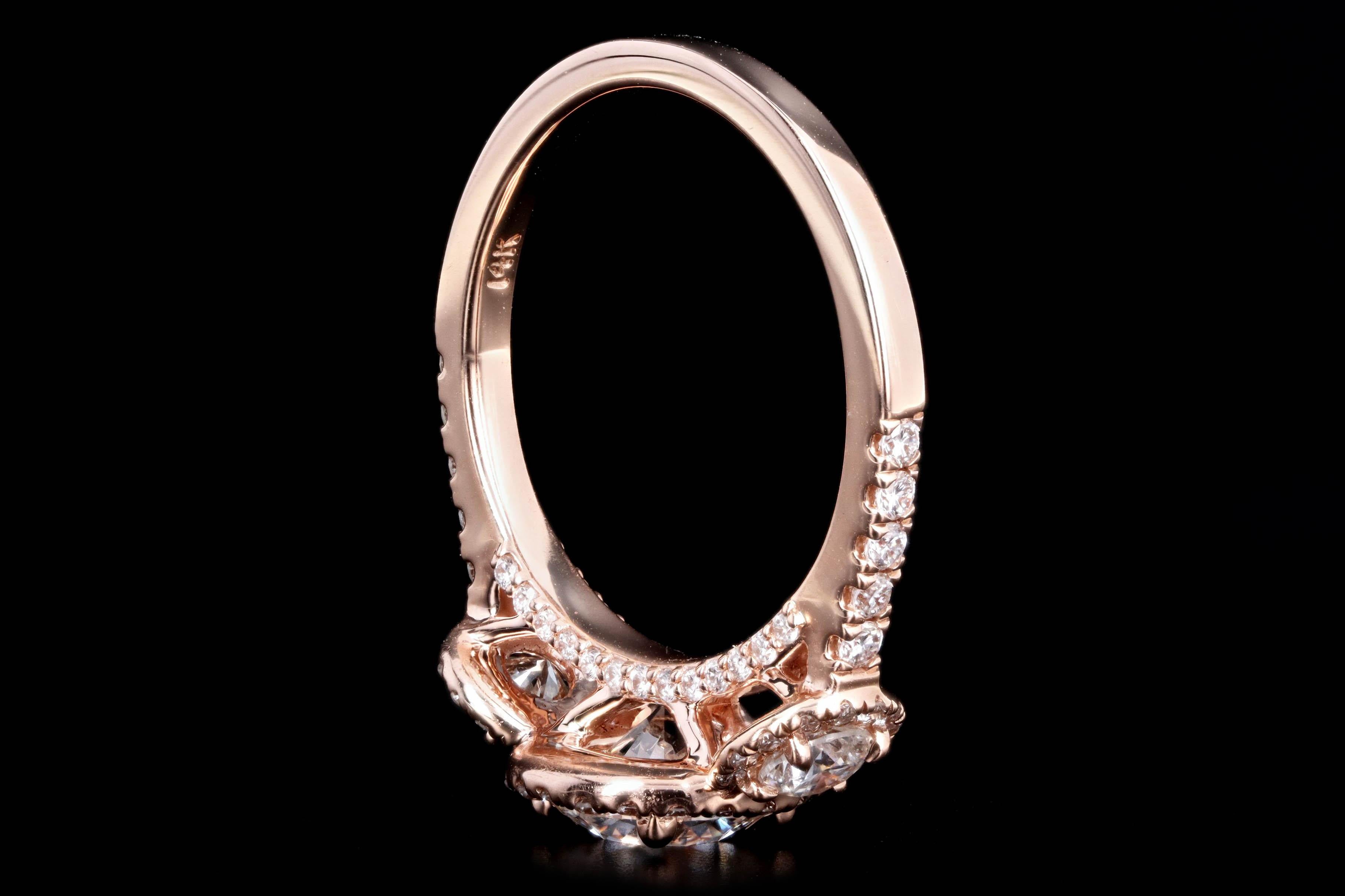 14K RoseGold 1.05 Carat Round Brilliant Diamond Three Stone Halo Engagement Ring For Sale 1