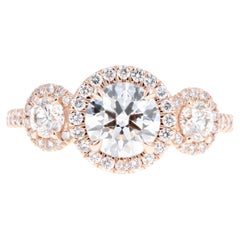 14K RoseGold 1.05 Carat Round Brilliant Diamond Three Stone Halo Engagement Ring